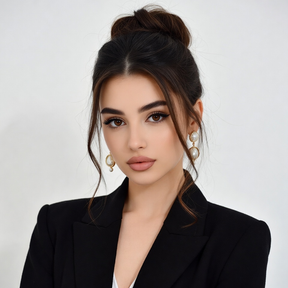 Woman in black blazer with bun hairstyle Woman in black blazer with bun hairstyle