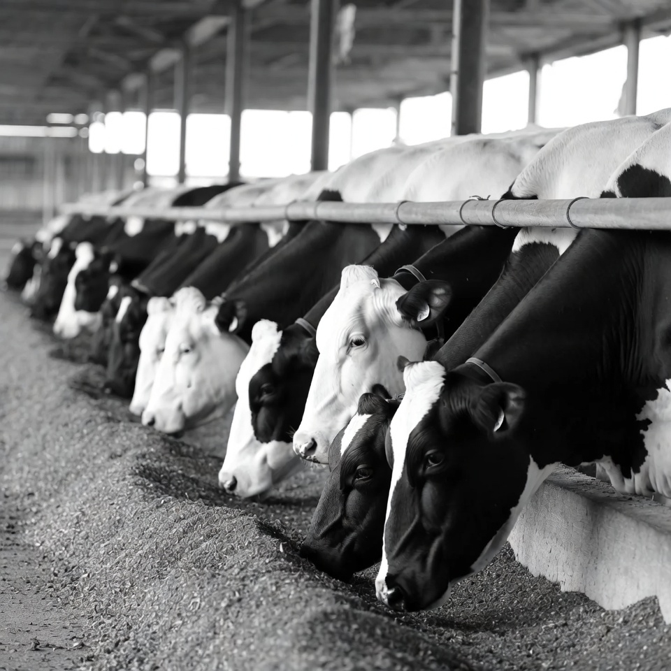 Cows Eating in Barn Trough Cows Eating in Barn Trough