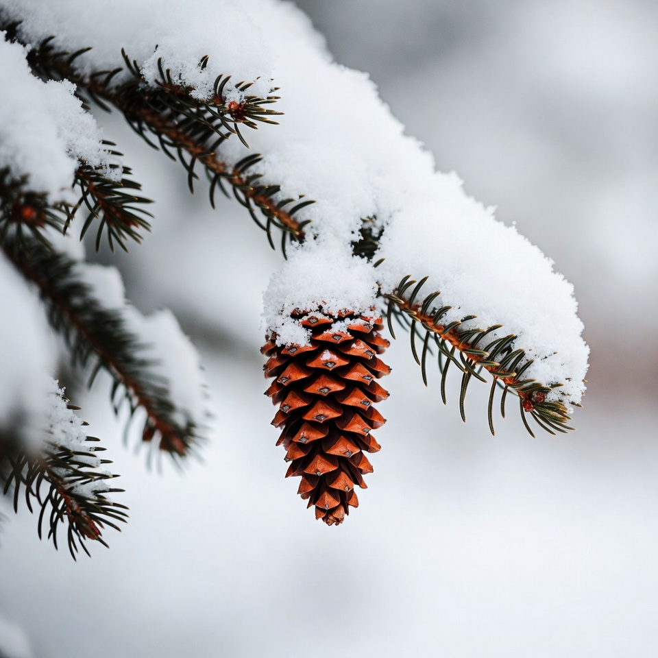 Snowy Pine Cone on Branch Snowy Pine Cone on Branch