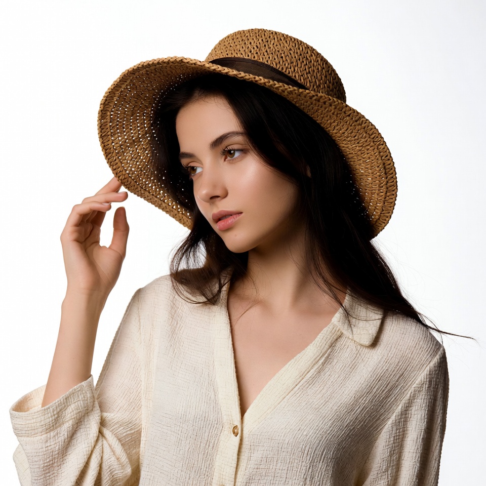 Woman wearing wide-brim straw hat Woman wearing wide-brim straw hat
