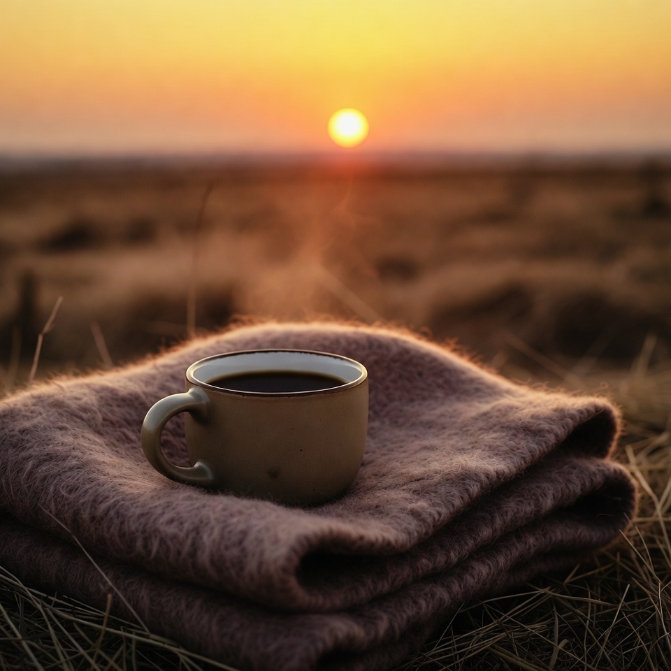 Coffee cup on blanket at sunset Coffee cup on blanket at sunset