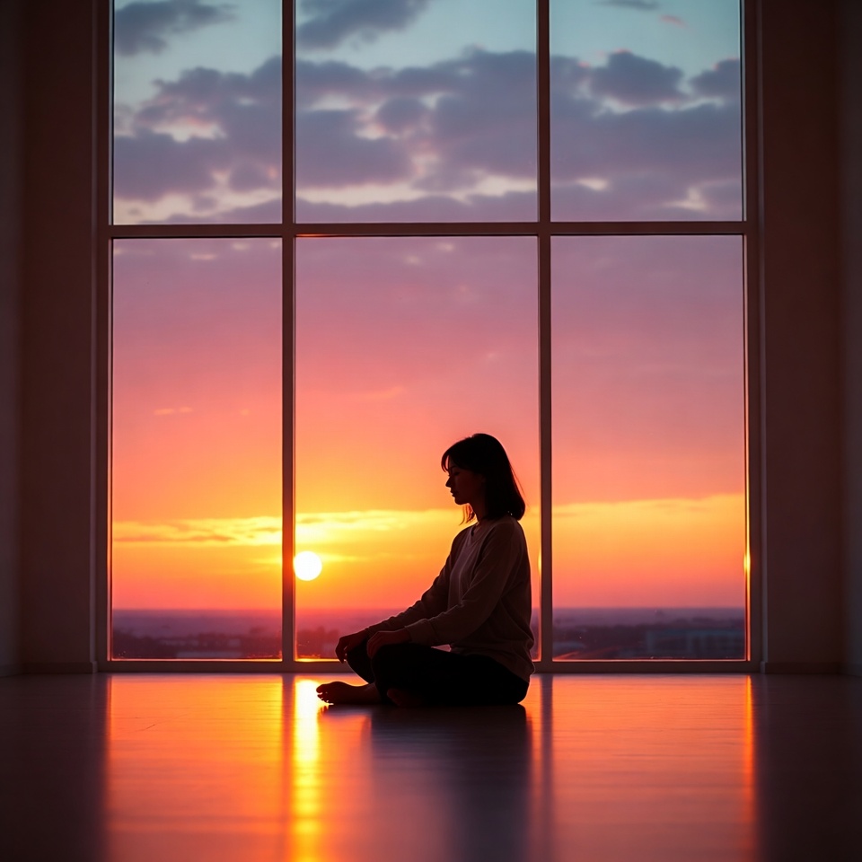 Woman meditating by sunset window Woman meditating by sunset window