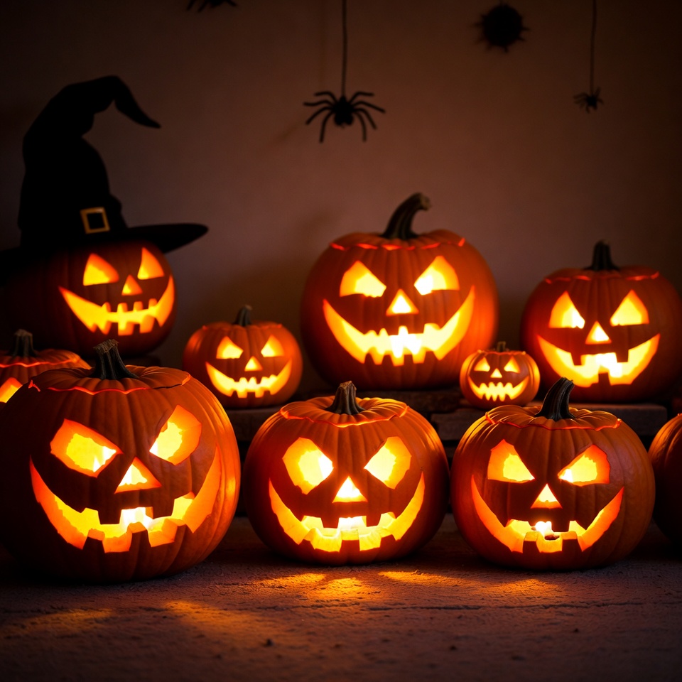 Jack-o'-lanterns with witch hat Halloween display Jack-o'-lanterns with witch hat Halloween display