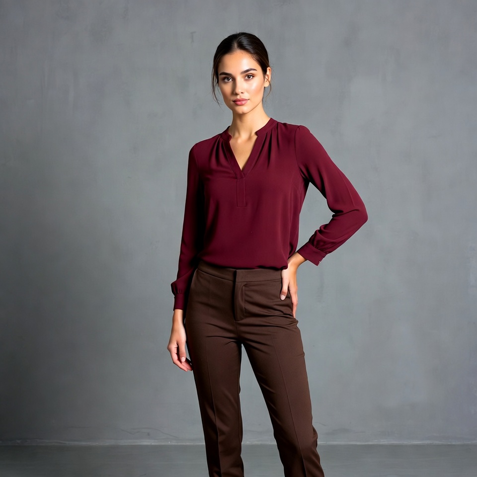 Latina woman in red blouse brown pants Latina woman in red blouse brown pants