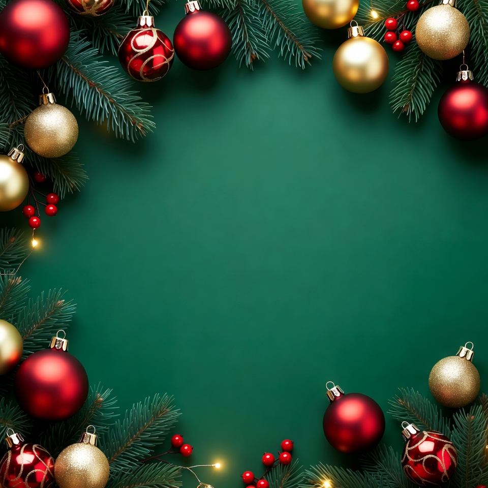 Christmas Ornaments Border on Green Background Christmas Ornaments Border on Green Background