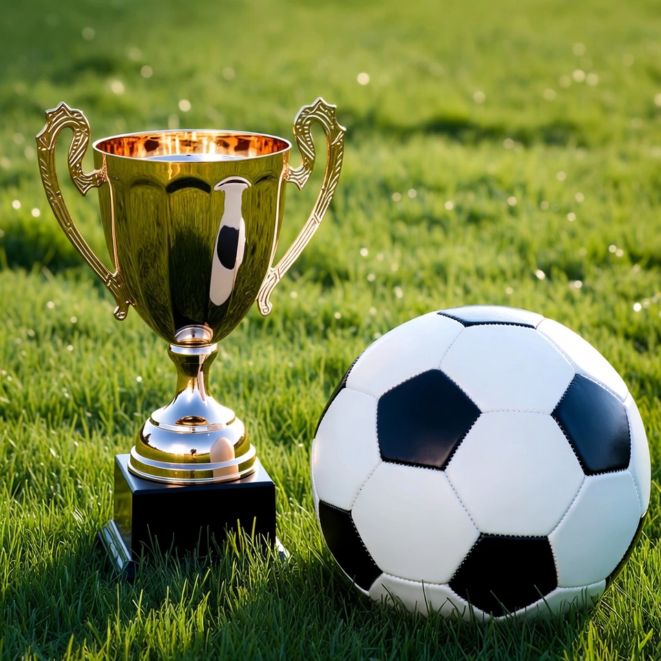 Golden Trophy and Soccer Ball on Grass Golden Trophy and Soccer Ball on Grass