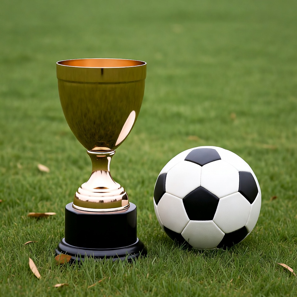 Gold Trophy and Soccer Ball on Grass Gold Trophy and Soccer Ball on Grass