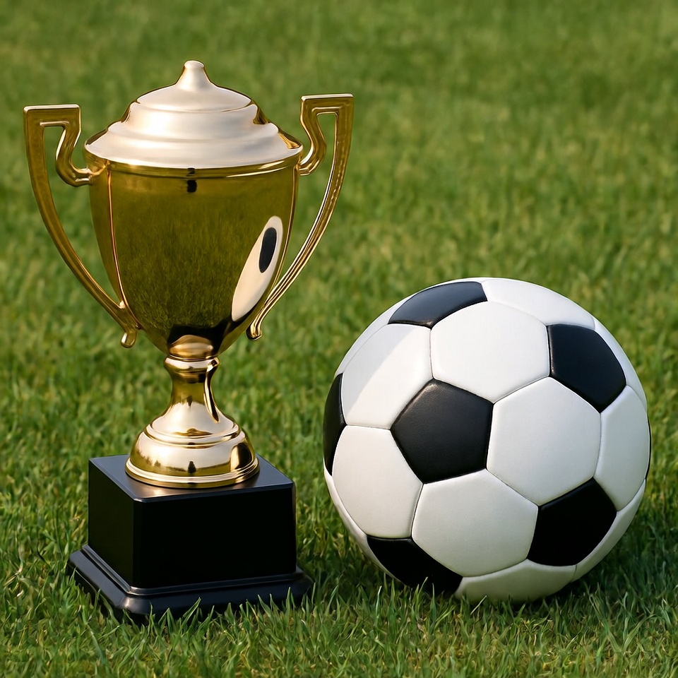 Golden Trophy and Soccer Ball on Grass Golden Trophy and Soccer Ball on Grass
