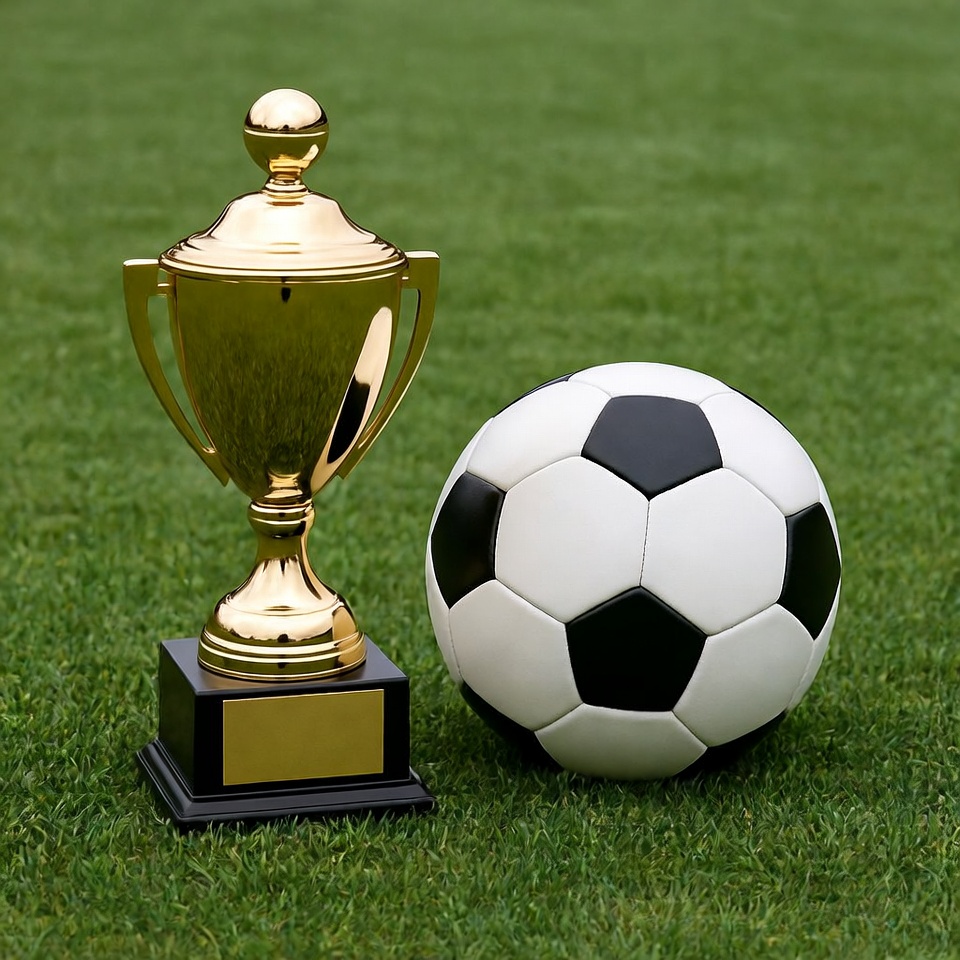Golden Soccer Trophy and Ball on Grass Golden Soccer Trophy and Ball on Grass