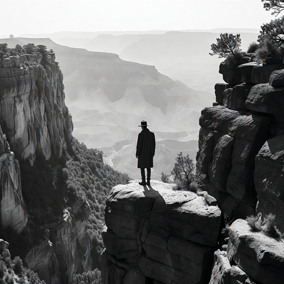 Man in trench coat overlooking Grand Canyon Man in trench coat overlooking Grand Canyon