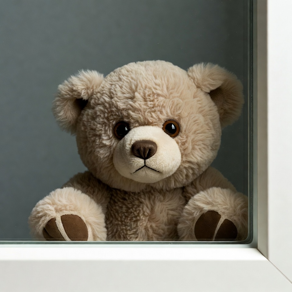 Teddy bear peeking through window Teddy bear peeking through window