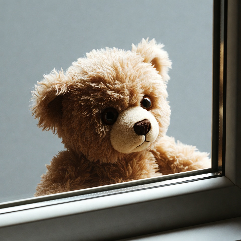 Teddy bear peeking through window Teddy bear peeking through window