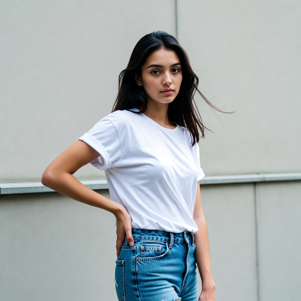 Young woman in white t-shirt and jeans Young woman in white t-shirt and jeans