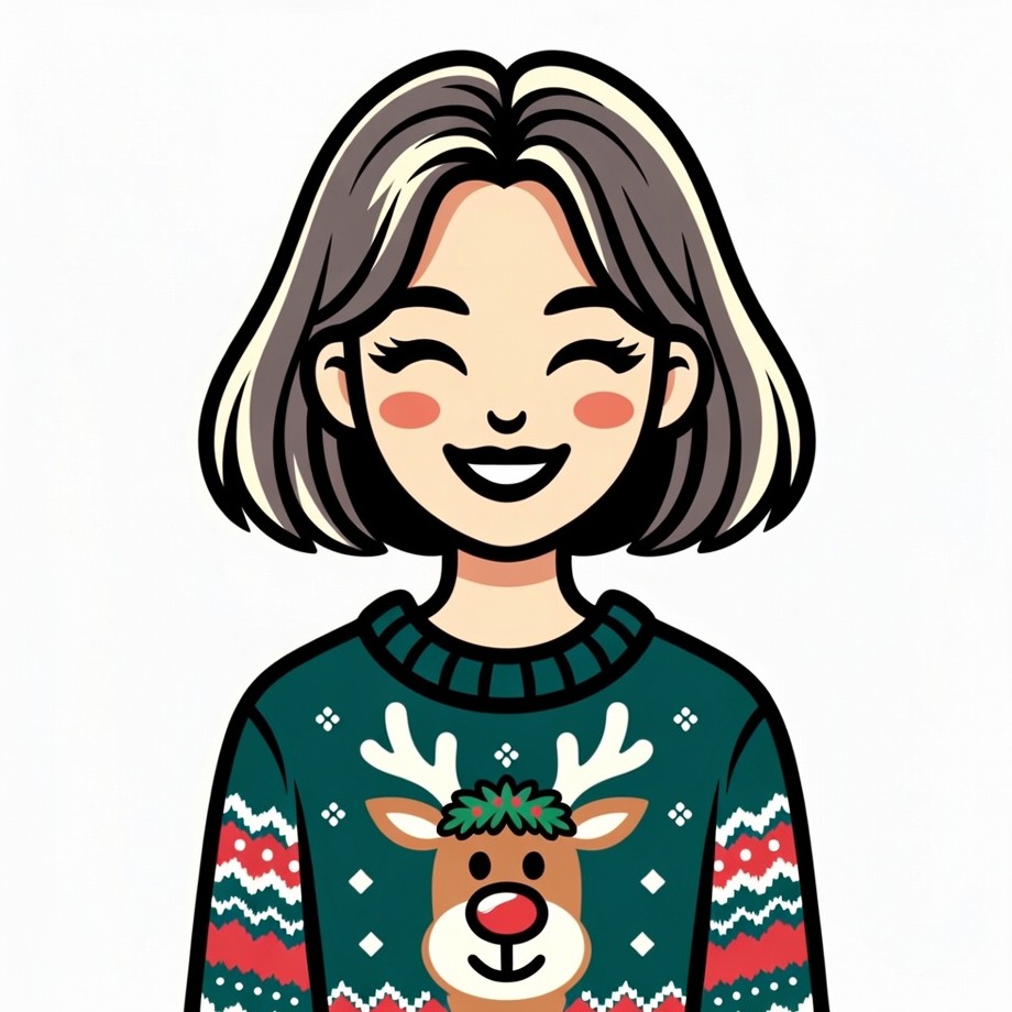 Smiling woman in reindeer Christmas sweater Smiling woman in reindeer Christmas sweater
