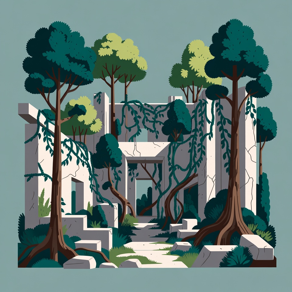 Ruined Stone Temple Overgrown with Vines and Trees Ruined Stone Temple Overgrown with Vines and Trees