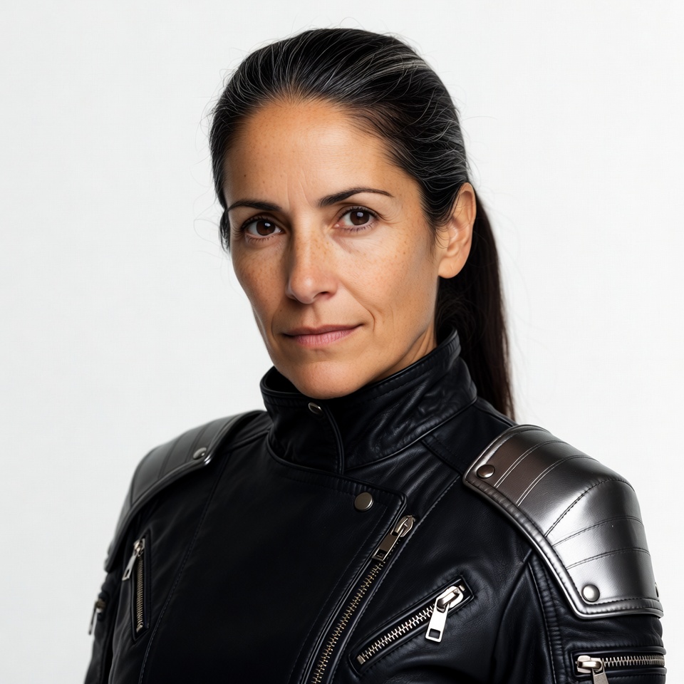 Woman in black leather shoulder armor Woman in black leather shoulder armor