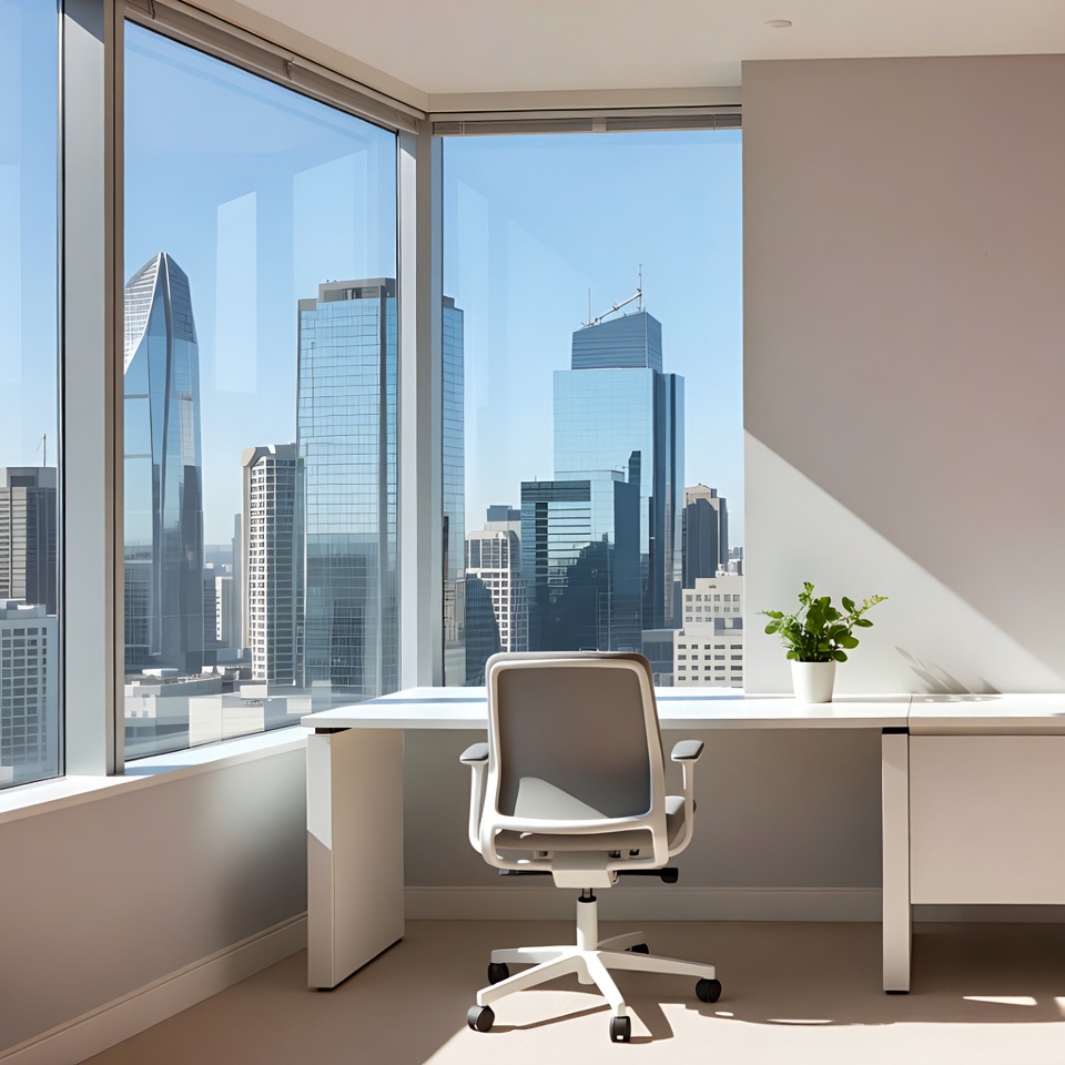 Modern Office with City Skyline View Modern Office with City Skyline View