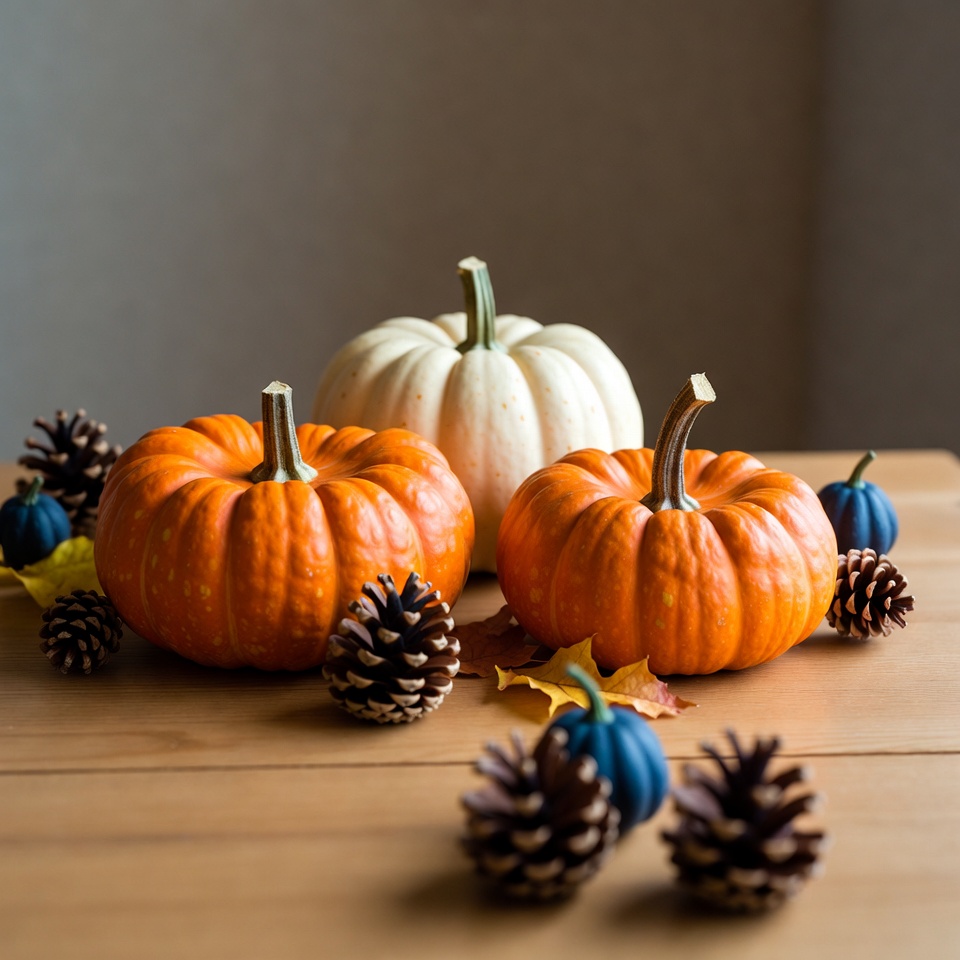 Orange and White Pumpkins with Pinecones Orange and White Pumpkins with Pinecones