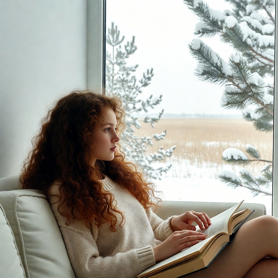 Woman reading book by snowy window Woman reading book by snowy window