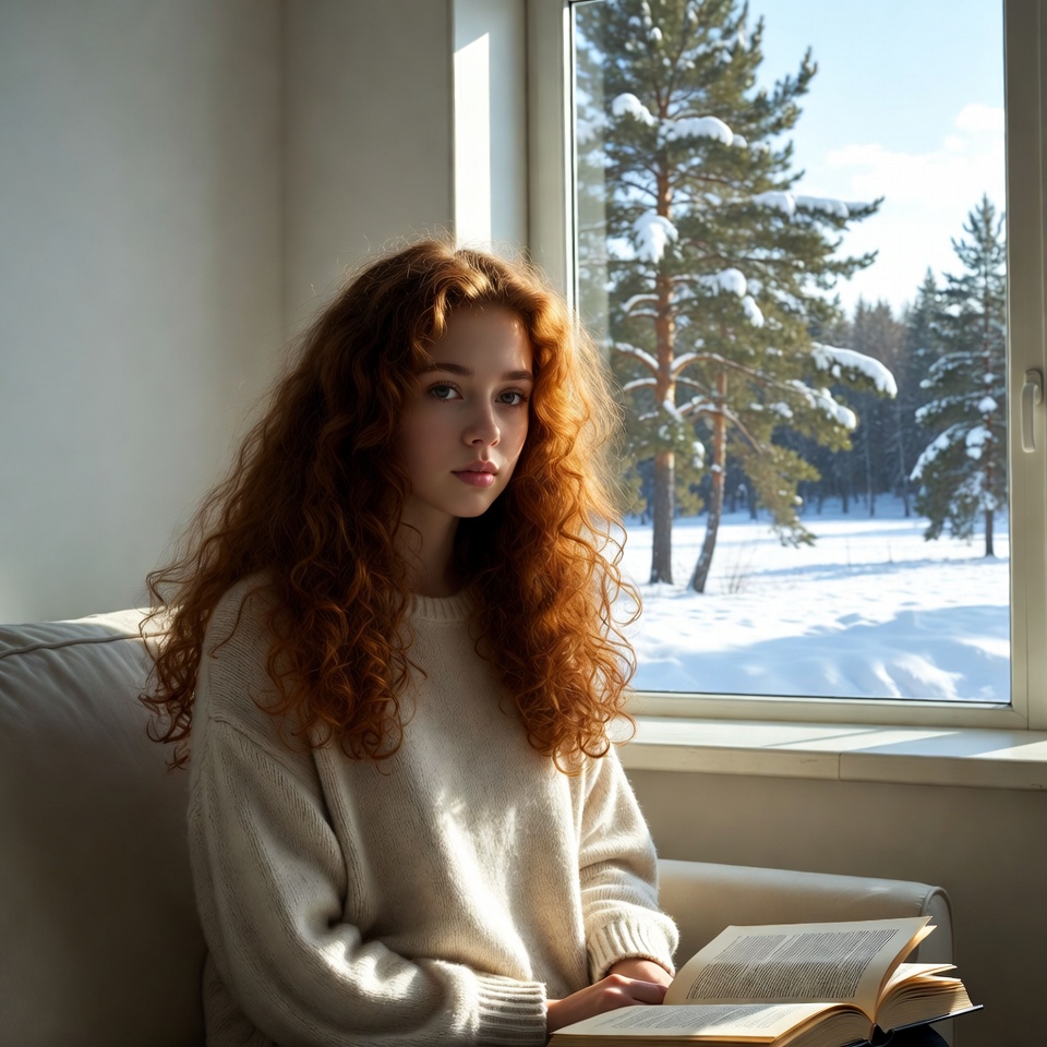Redhead woman reading by snowy window Redhead woman reading by snowy window