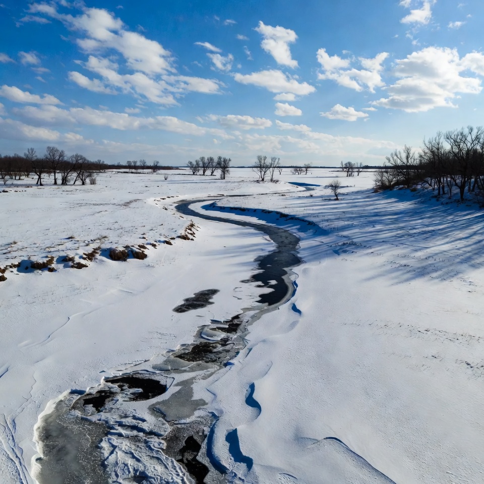 Winding icy river in snowy landscape Winding icy river in snowy landscape