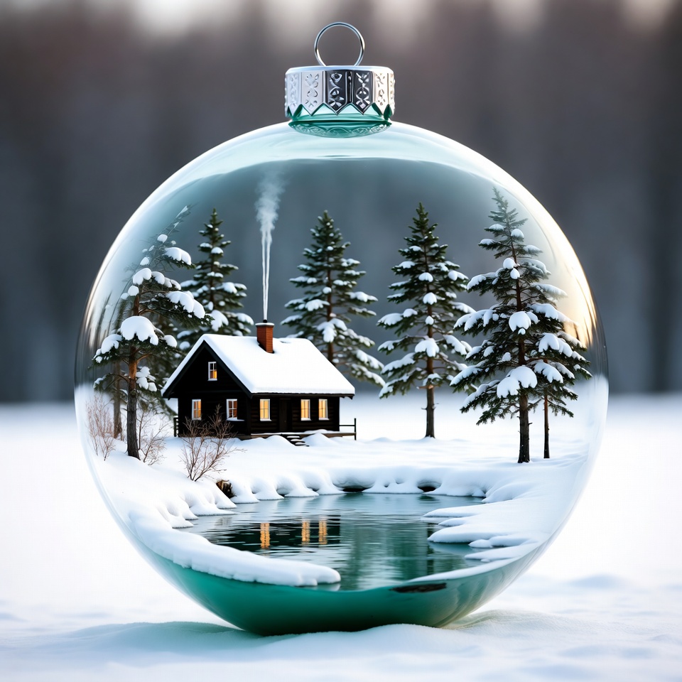 Snowy Winter Cabin in Glass Christmas Ornament Snowy Winter Cabin in Glass Christmas Ornament