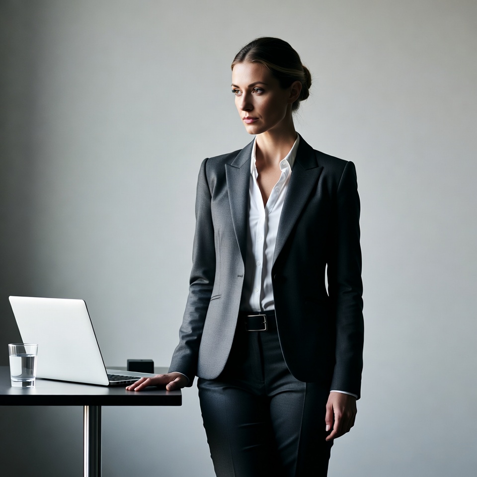 Business woman standing by laptop Business woman standing by laptop