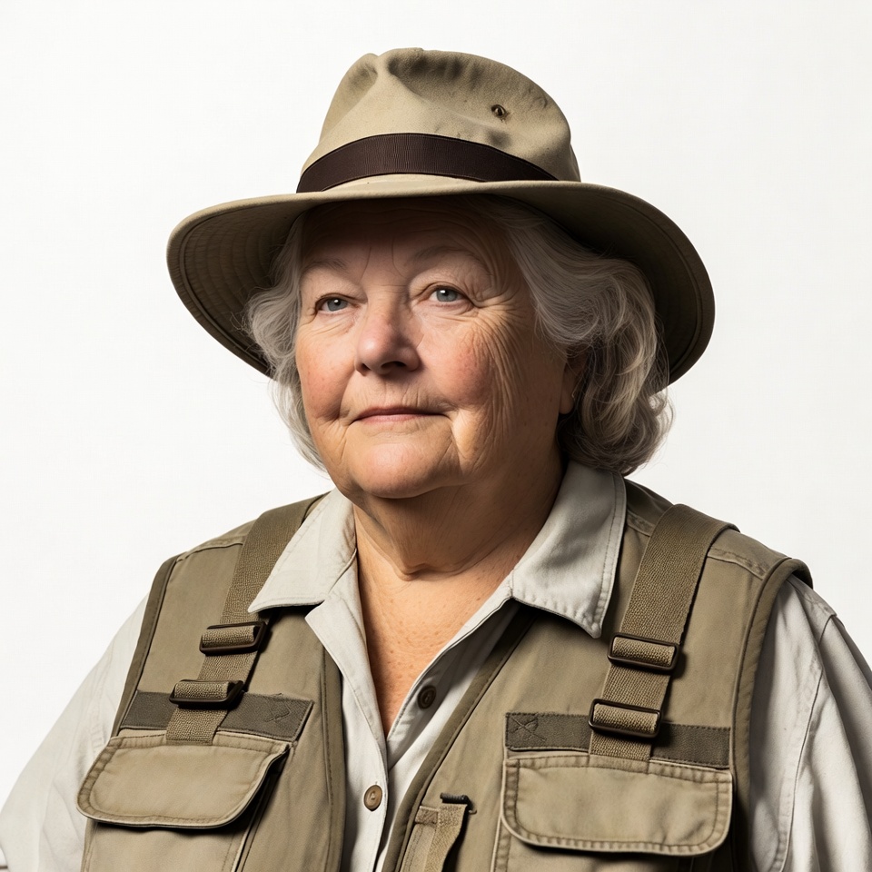 Elderly woman in safari hat vest Elderly woman in safari hat vest