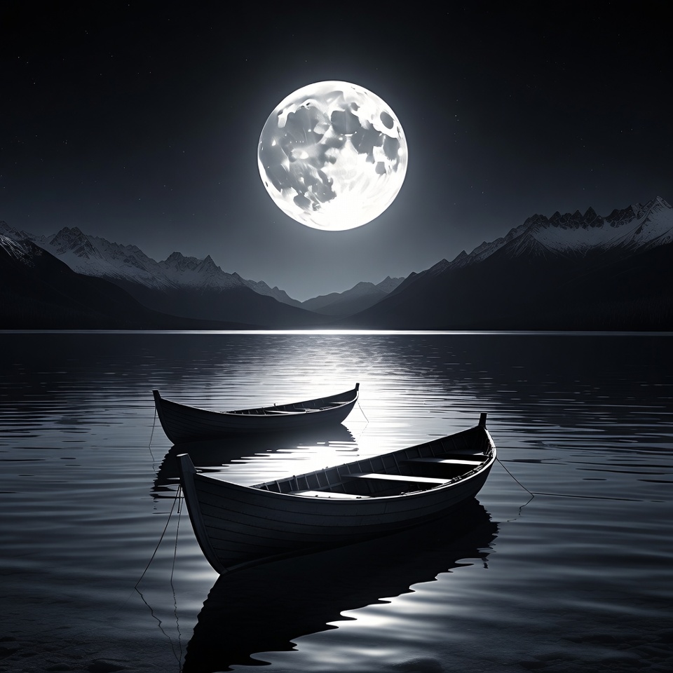 Two boats on moonlit lake Two boats on moonlit lake