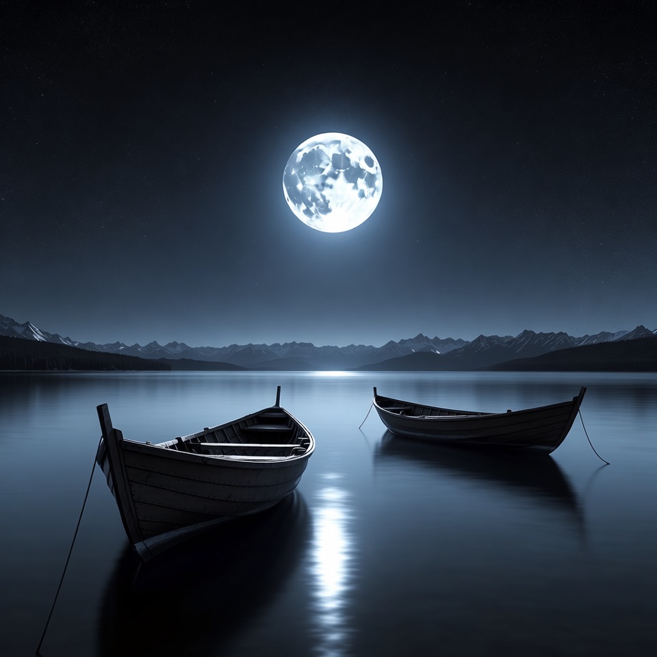 Two boats on lake under full moon Two boats on lake under full moon