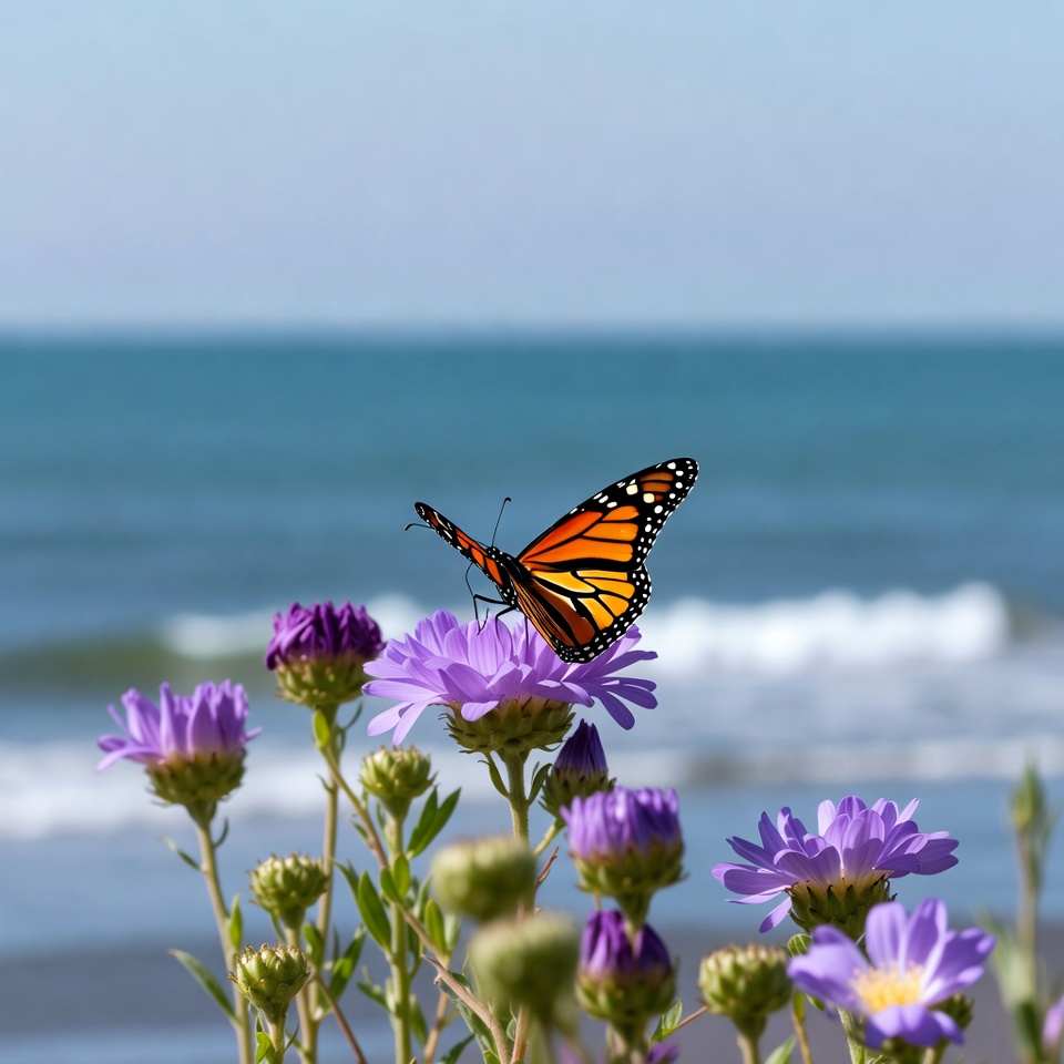 Monarch Butterfly on Purple Flowers Beach Monarch Butterfly on Purple Flowers Beach