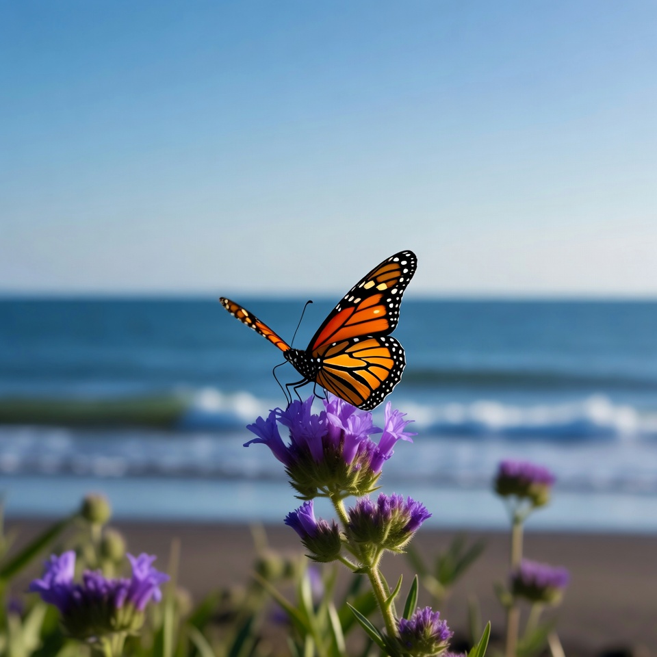 Monarch Butterfly on Purple Flowers Beach Monarch Butterfly on Purple Flowers Beach