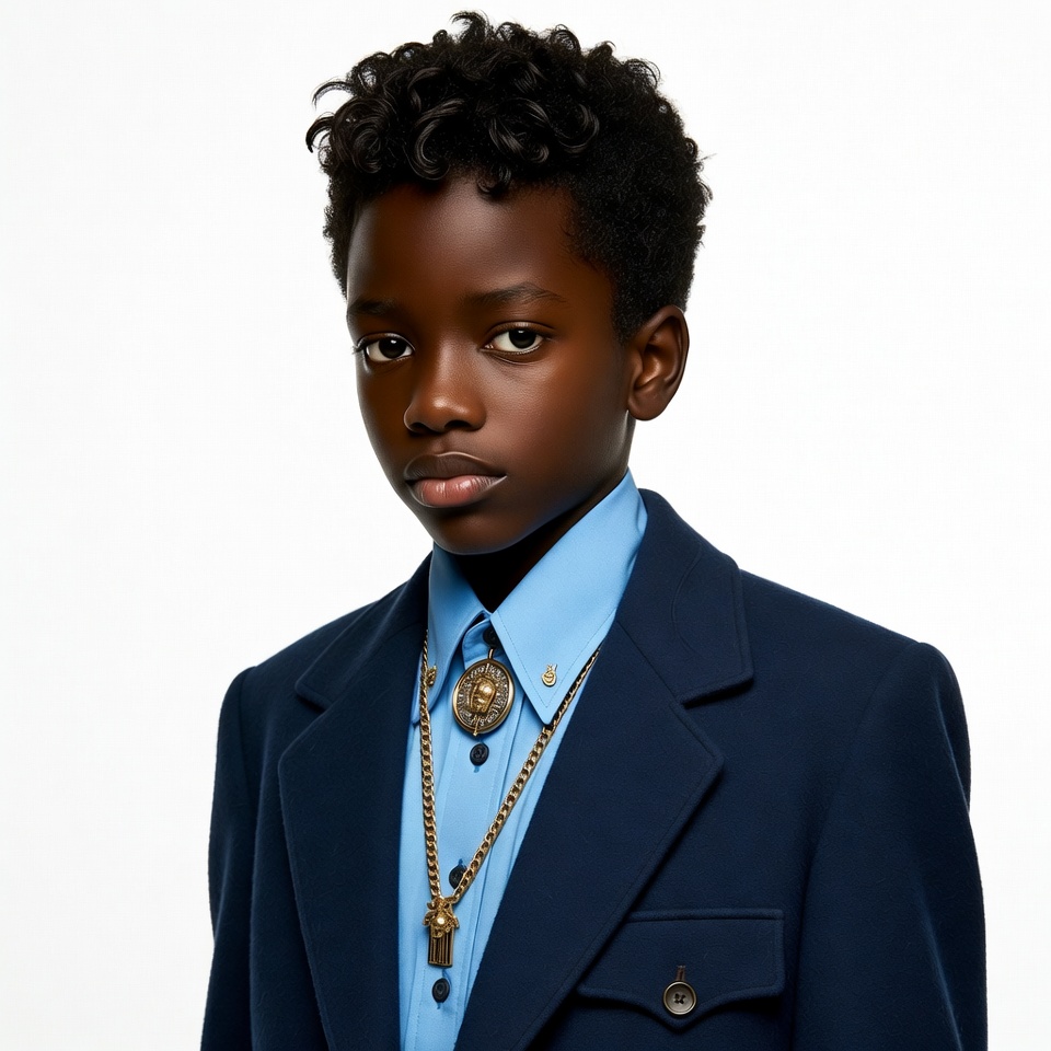 African boy in navy suit with chains African boy in navy suit with chains
