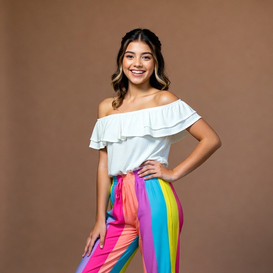 Smiling Latina woman in off-shoulder top Smiling Latina woman in off-shoulder top