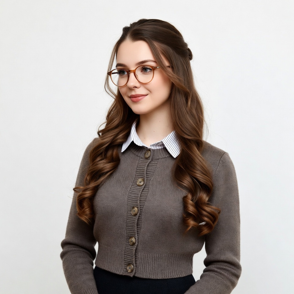 Young woman in glasses and cardigan Young woman in glasses and cardigan