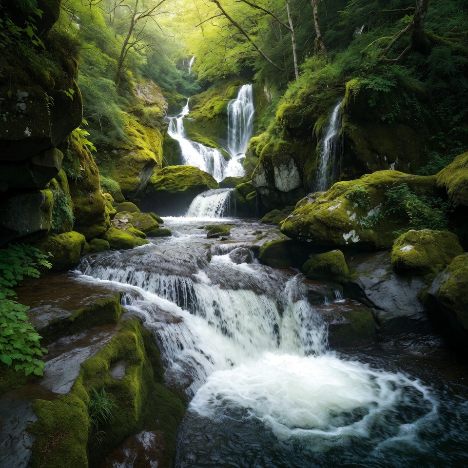 Mossy Waterfall in Lush Forest Mossy Waterfall in Lush Forest