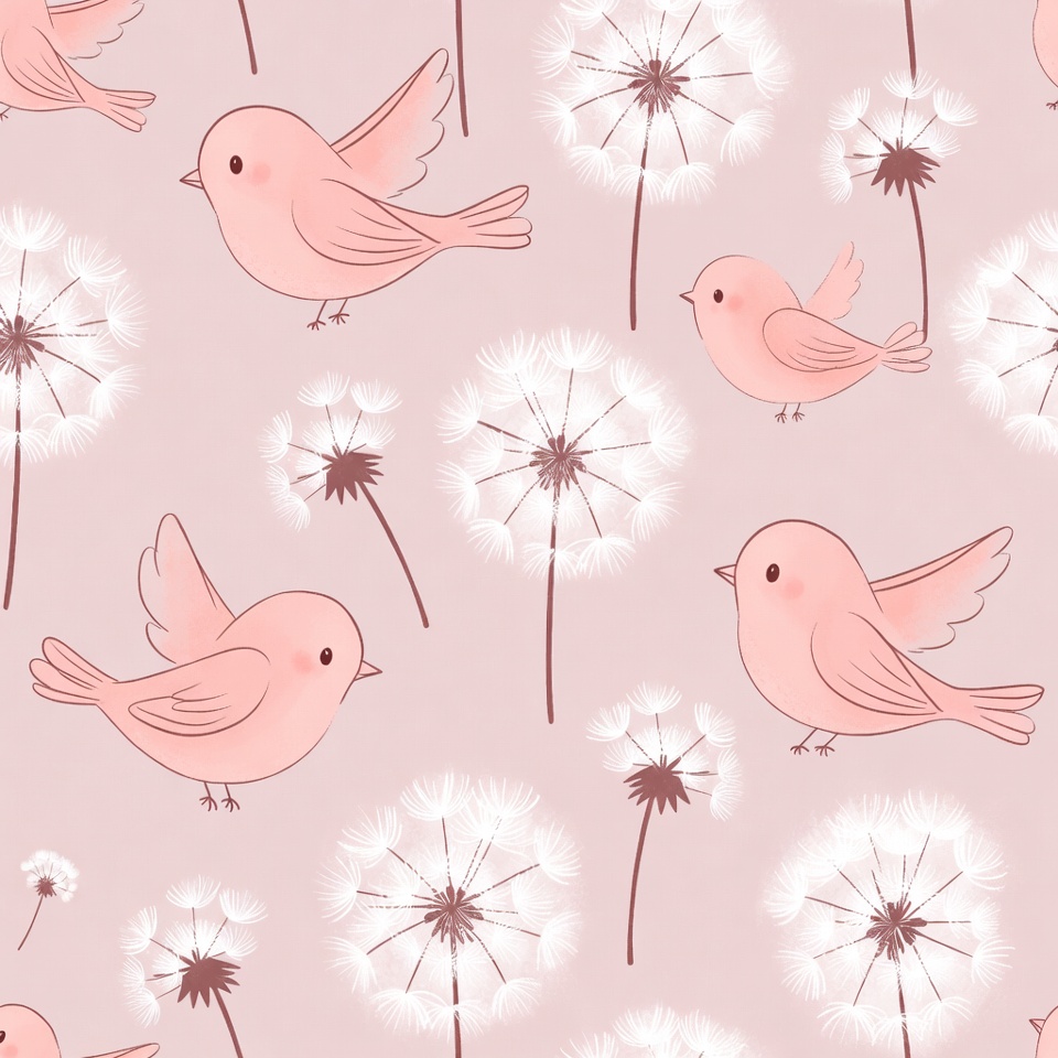 Pink Birds and Dandelions Seamless Pattern Pink Birds and Dandelions Seamless Pattern