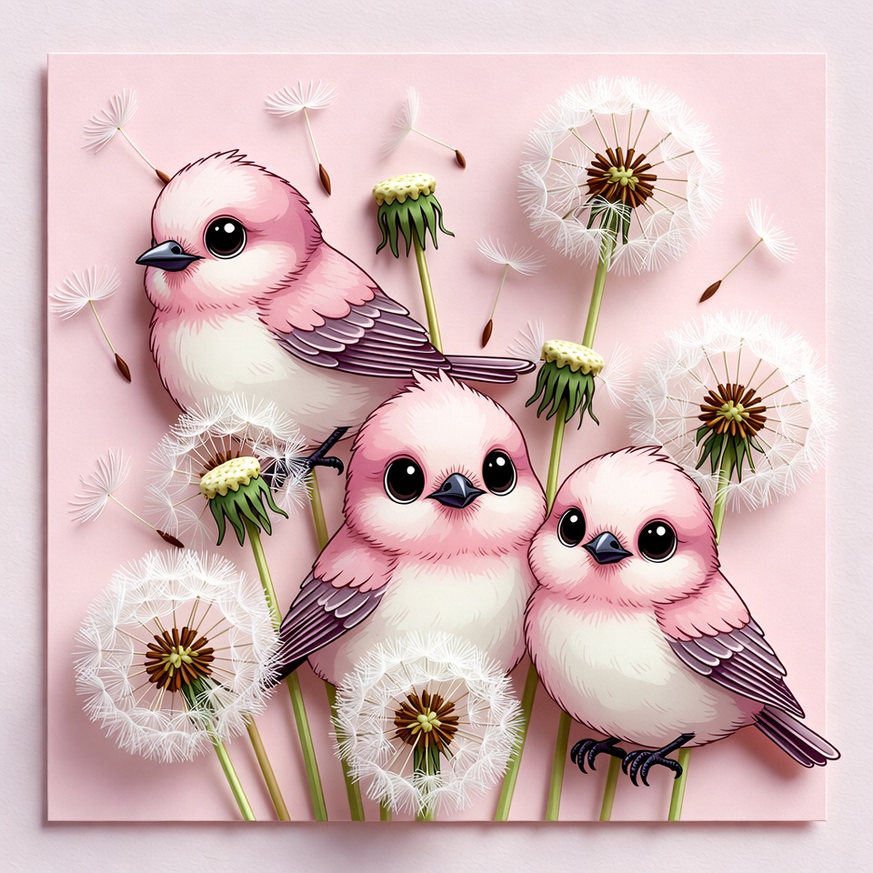 Pink birds with dandelions illustration Pink birds with dandelions illustration
