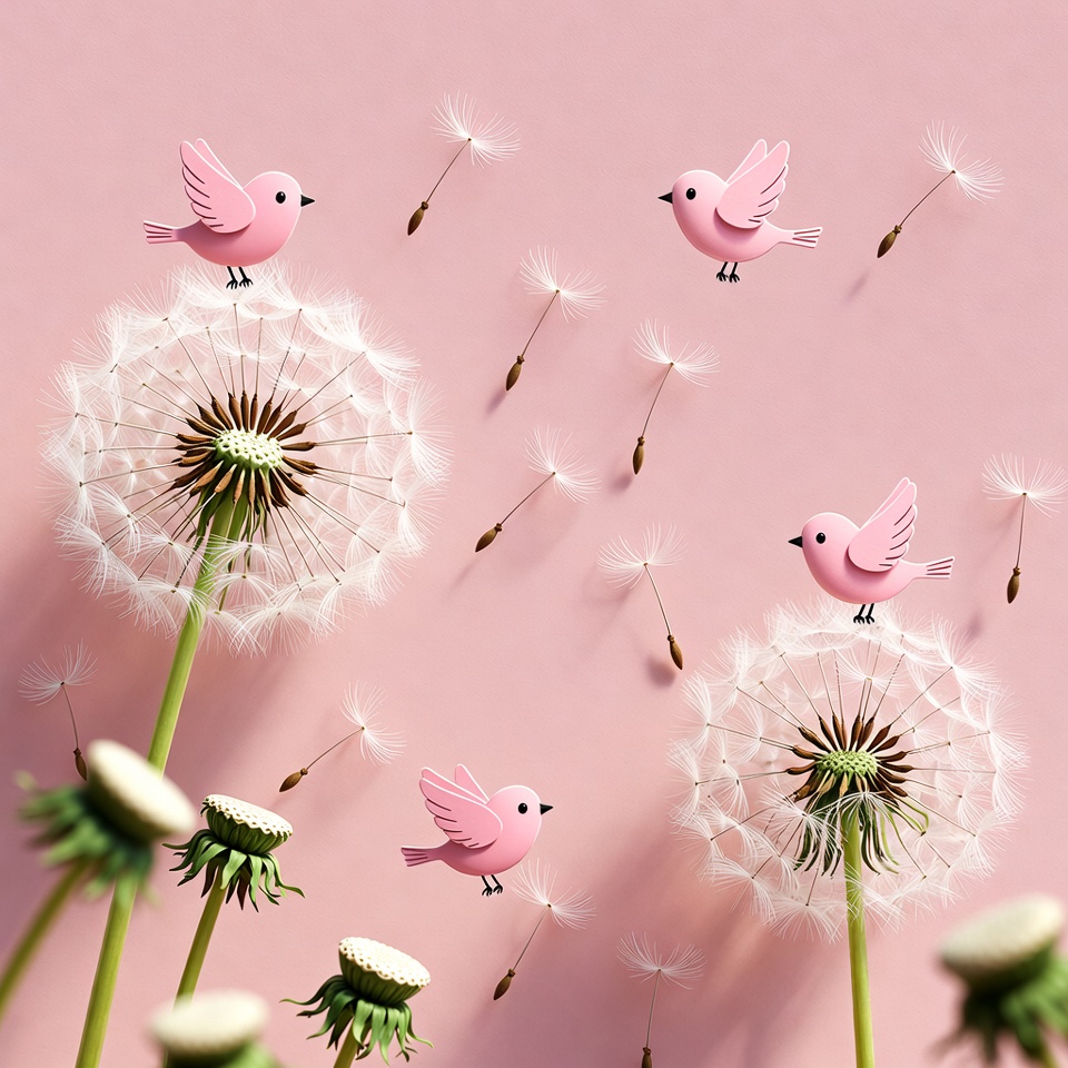 Pink dandelions and birds illustration Pink dandelions and birds illustration