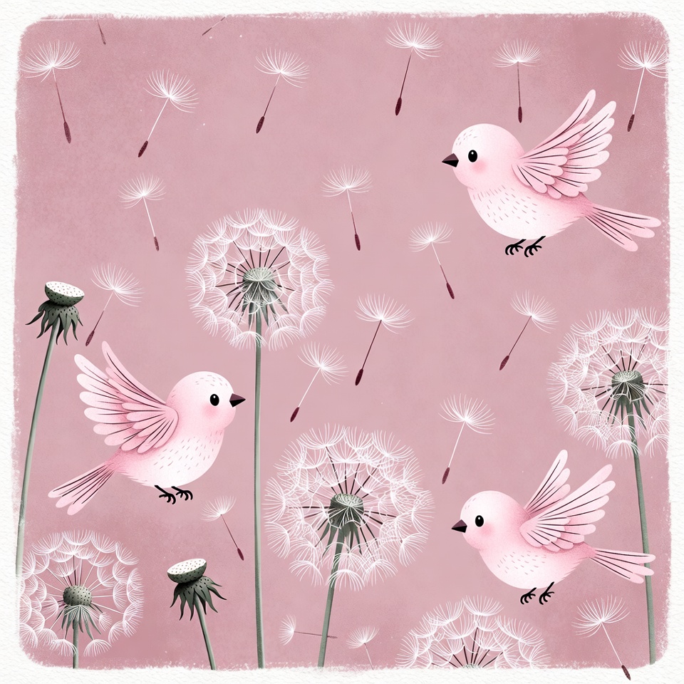 Pink birds flying with dandelions Pink birds flying with dandelions