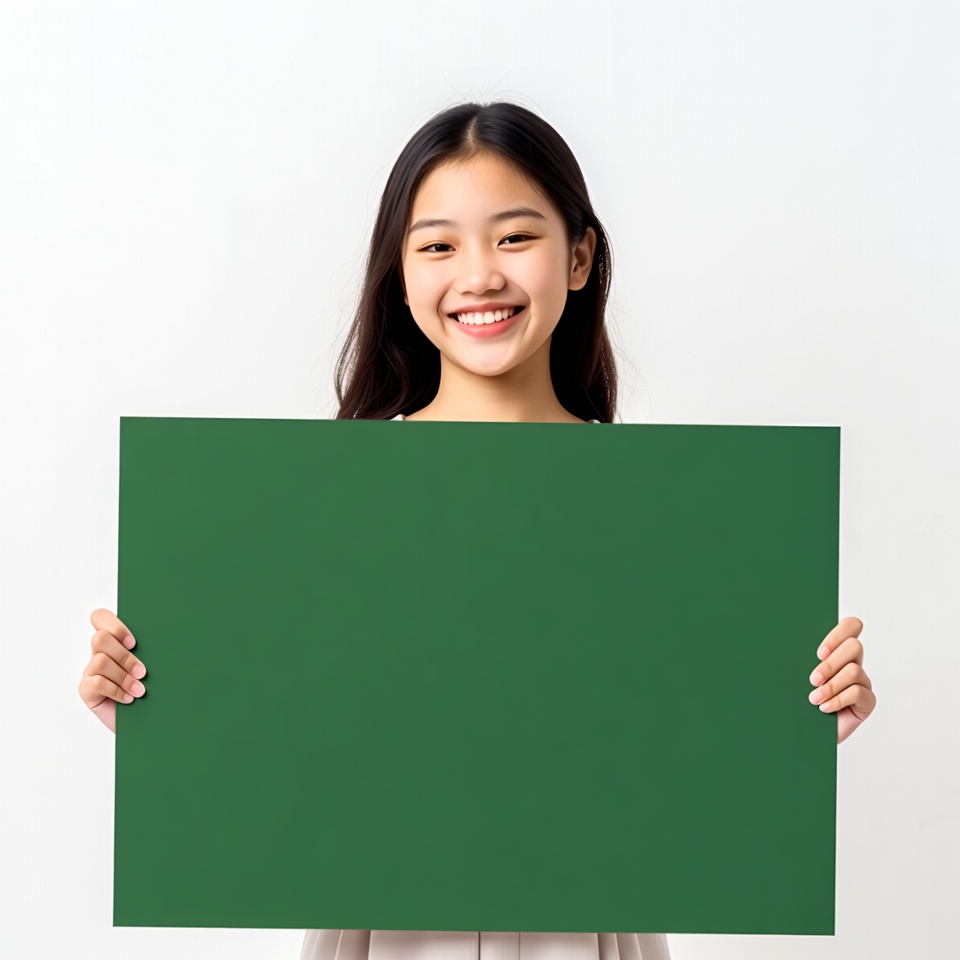 Asian girl holding green blank sign Asian girl holding green blank sign