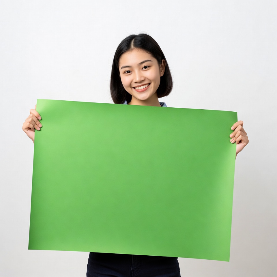 Asian woman holding green blank sign Asian woman holding green blank sign