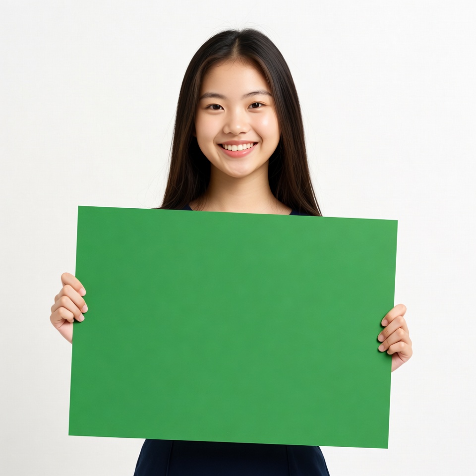 Asian girl holding green sign Asian girl holding green sign