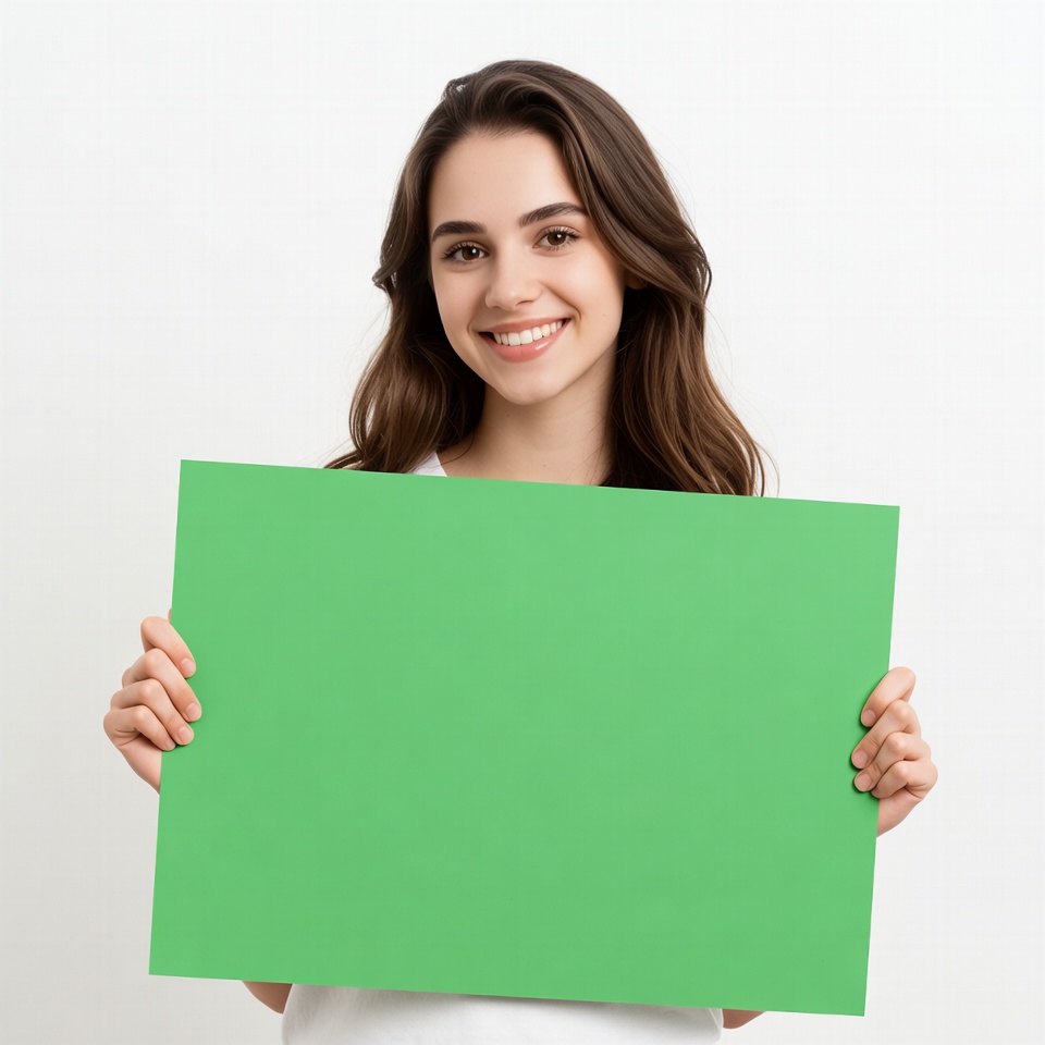 Smiling woman holding green blank sign Smiling woman holding green blank sign