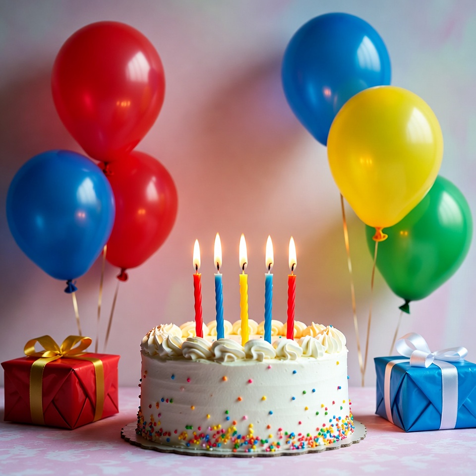 Birthday Cake with Candles and Balloons Birthday Cake with Candles and Balloons