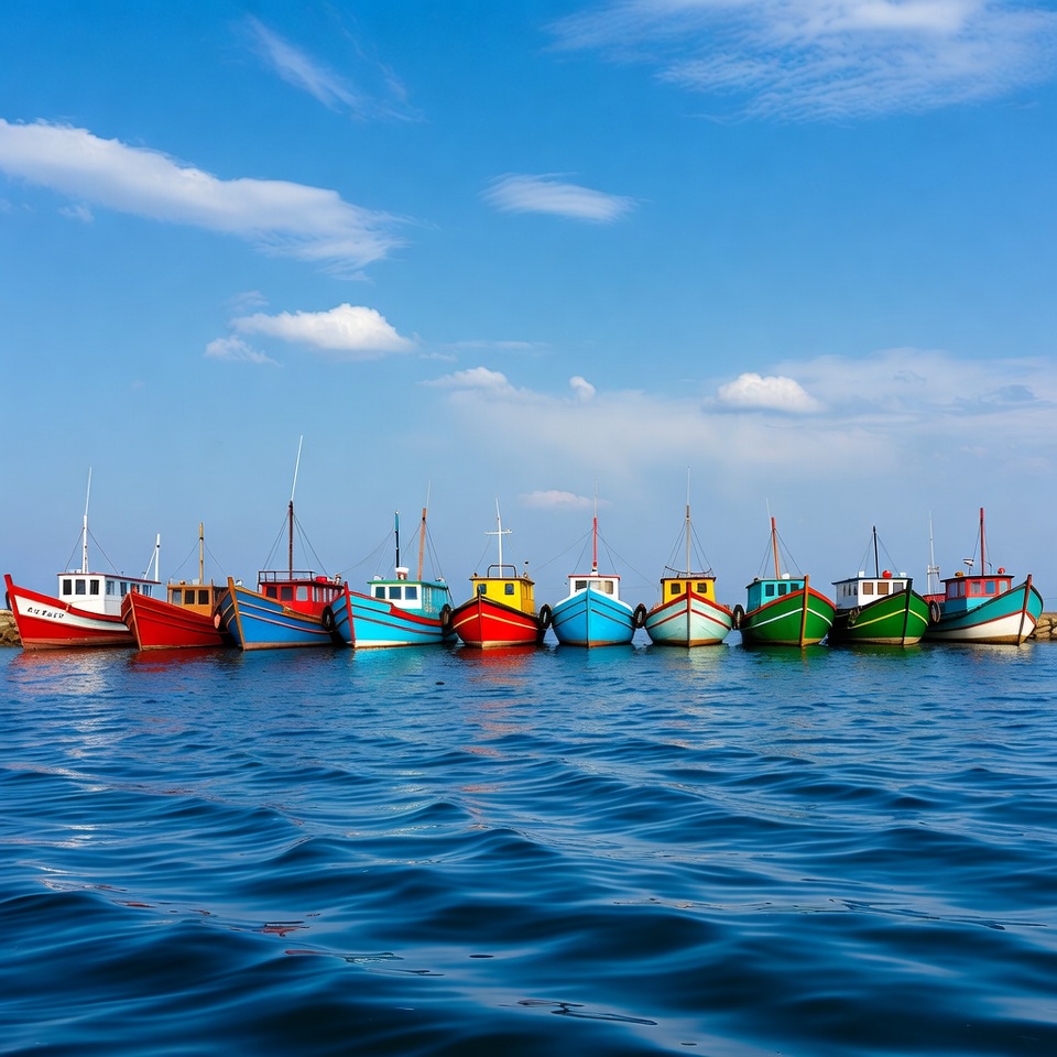 Colorful fishing boats docked on water Colorful fishing boats docked on water