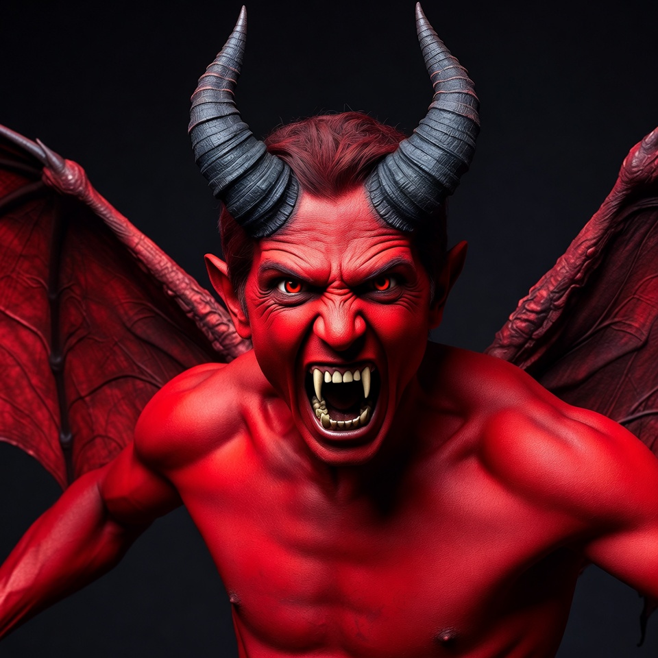 Roaring red demon with horns and wings Roaring red demon with horns and wings