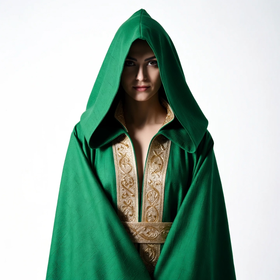 Woman in green hooded robe Woman in green hooded robe