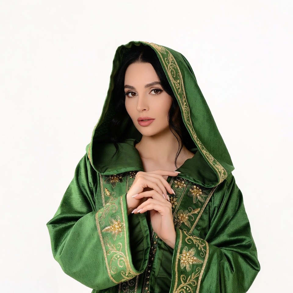 Woman in green embroidered hooded robe Woman in green embroidered hooded robe
