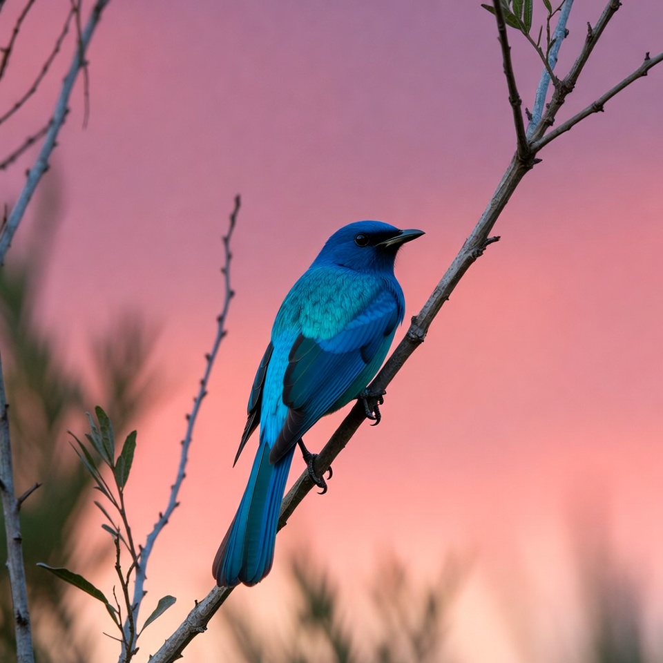 Blue bird perched on branch at sunset Blue bird perched on branch at sunset
